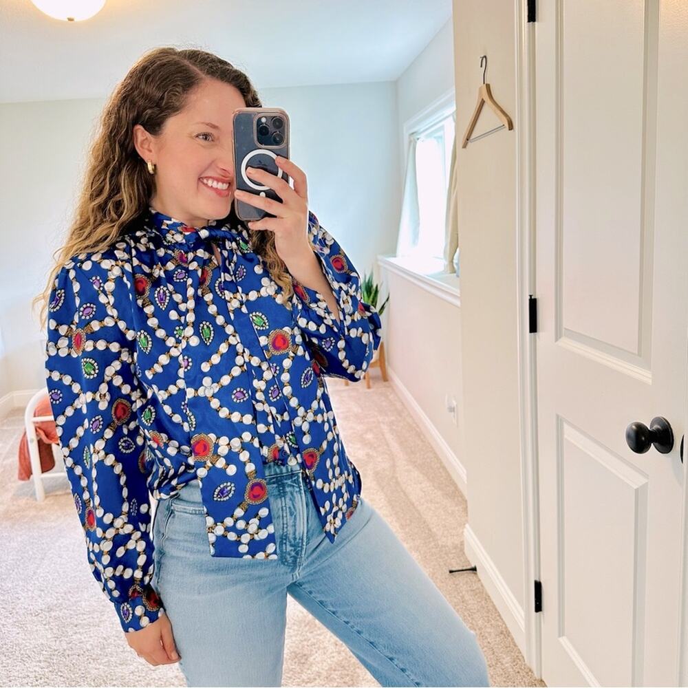 Vintage Marlis Blue Jewel Pearl Satin Blouse Top 6